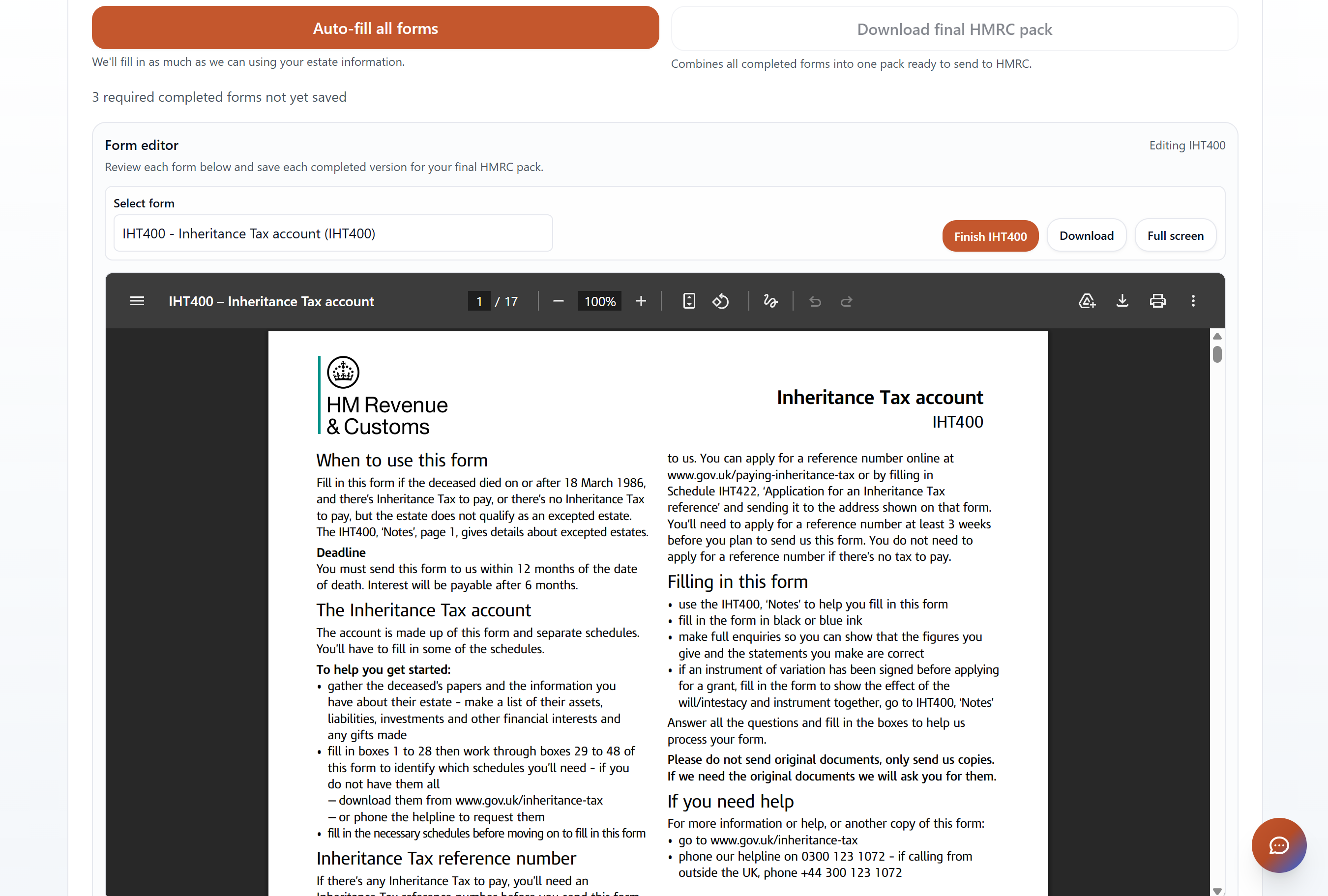 Estate Suite IHT page showing form guidance, relief selections, and form preparation