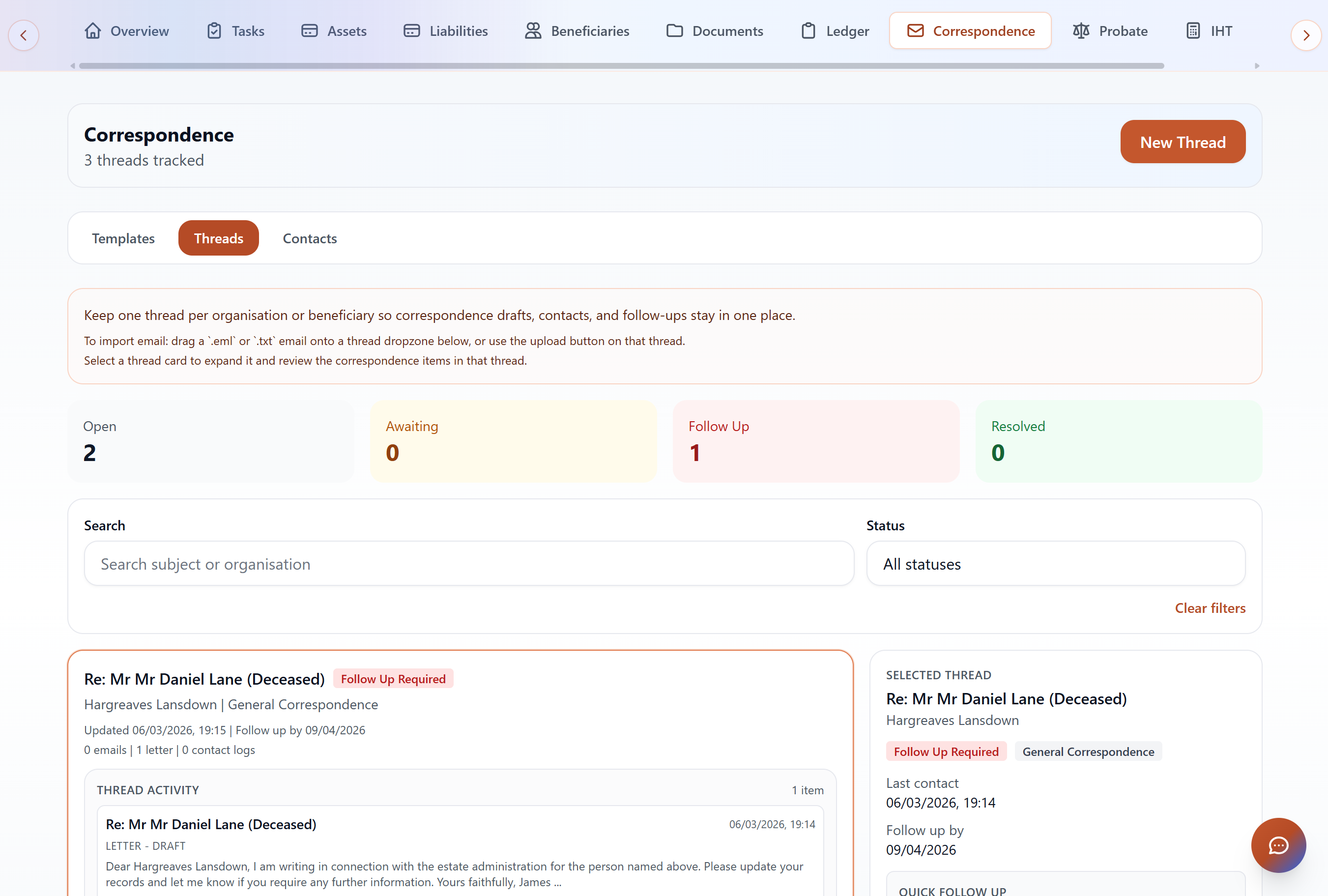 Estate Suite correspondence view showing contacts, thread status, and follow-up tracking