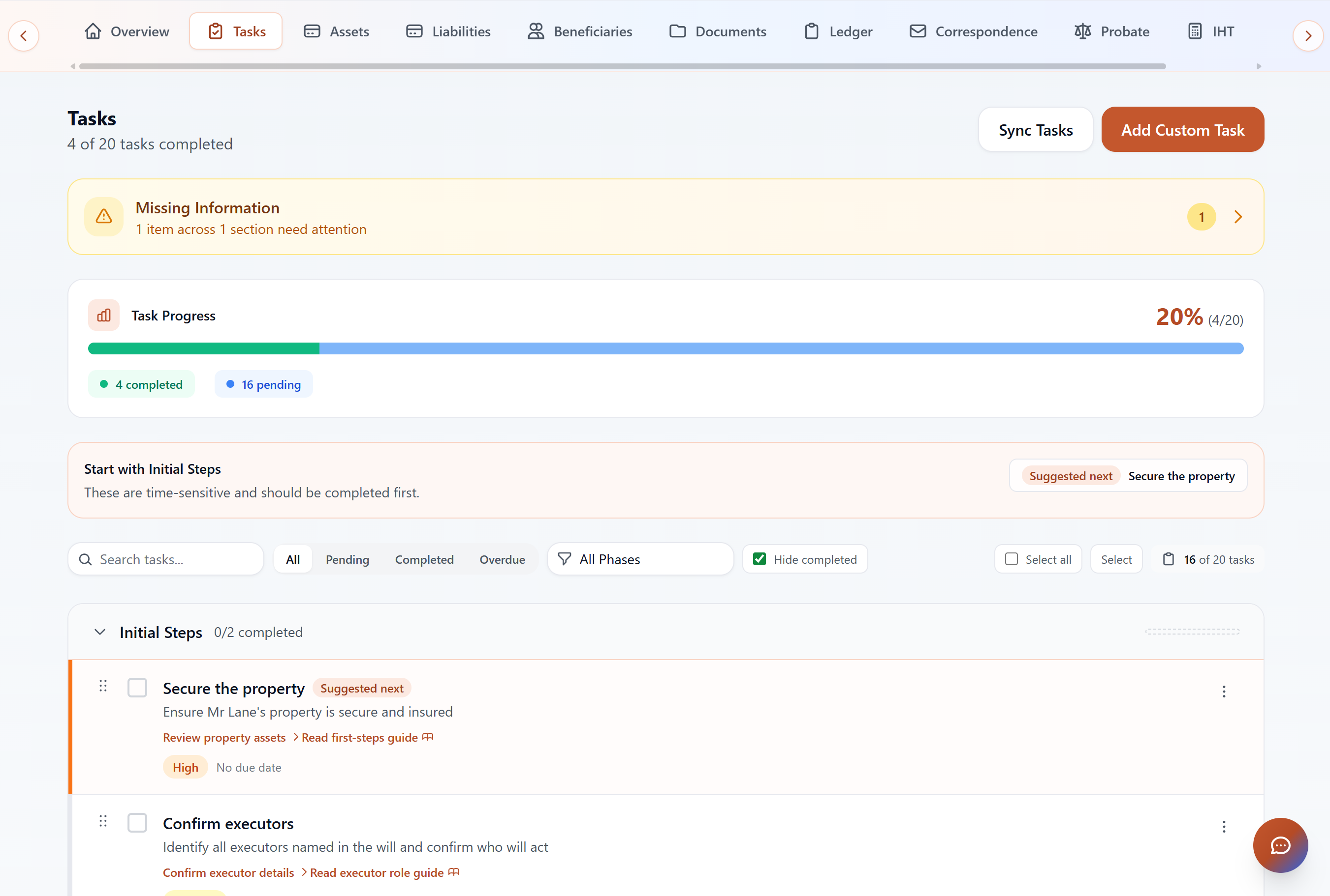 Estate Suite tasks view showing estate stages, open tasks, and next actions